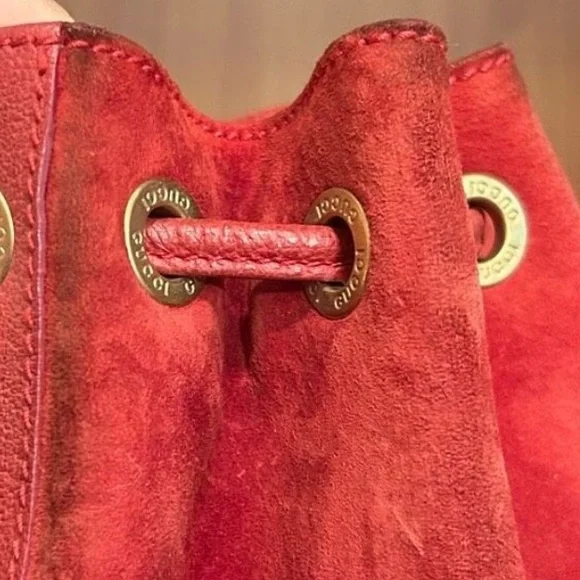 BLACK FRIDAY SALE Authentic Gucci Red Suede & Bamboo Handle Bucket Bag Crossbody - Picture 10 of 16